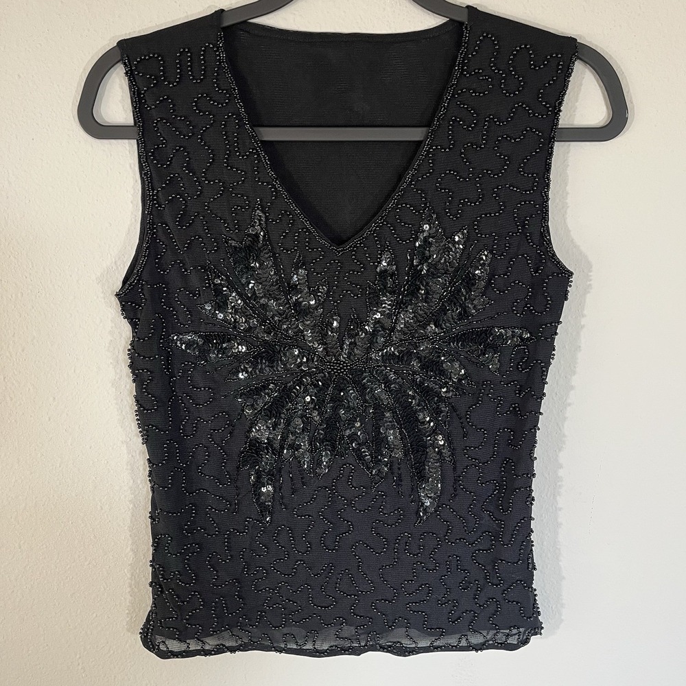 Whimsigoth Fairygrunge V-neck Black Beaded Top Tank Vintage Y2K Size XS/S